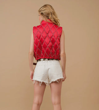 Red Woven Studded Crop Puffer Zip Up Vest