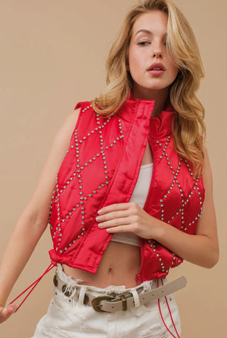 Red Woven Studded Crop Puffer Zip Up Vest