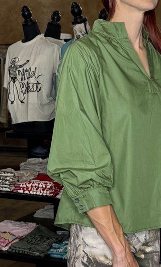 Olive V-Neck Balloon Sleeve Top