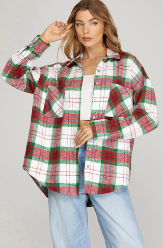 red, green, and white plaid shacket
