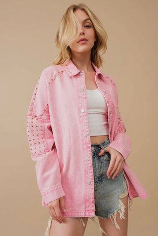 Pink Studded Oversized Denim Jacket