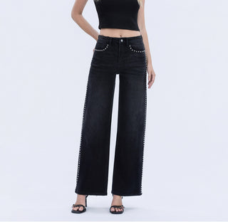 Olivia High Rise Silver Dome Nail Head Detailed Wide Leg Jeans by Vervet