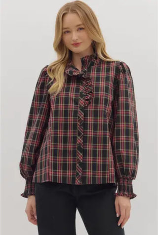 Plaid Long Sleeve Blouse w/ Ruffle Accents