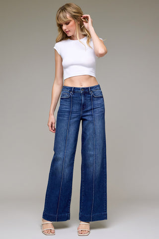 Dark Wash Pintuck High Rise Wide Leg Jeans by Hidden