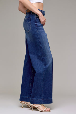 Dark Wash Pintuck High Rise Wide Leg Jeans by Hidden