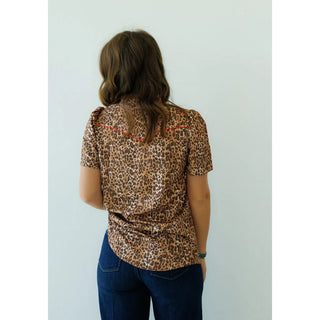Satin Leopard Print Pearl Snap Top w/ Red Trim