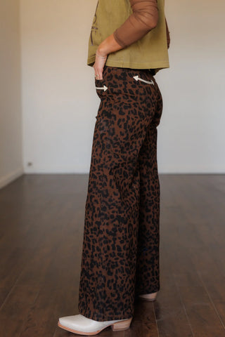 Leopard Print Smiley Wide Leg Denim Pants