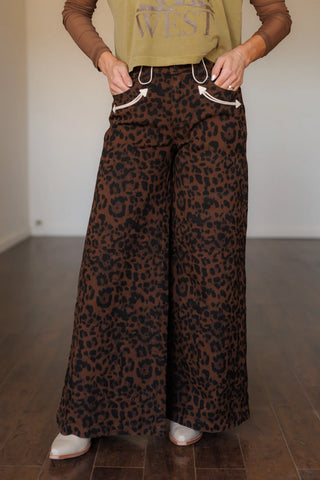 Leopard Print Smiley Wide Leg Denim Pants