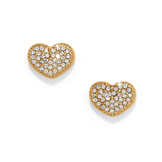 Brighton Illumina Celeste Heart Post Earrings are heart-shaped gold earrings with embedded diamonds on a white background