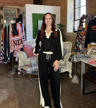 Black/Ivory Contrast Long Sleeve Wide Leg Pant Set is a 2 piece clothing set that is black with ivory trim. 