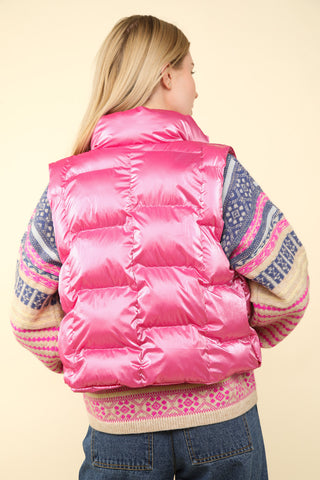 Pink Shiny Metallic Puffer Vest