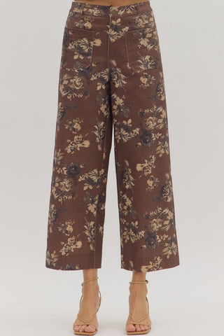 Chocolate Denim Floral Pattern Mid-Rise Ankle Pants