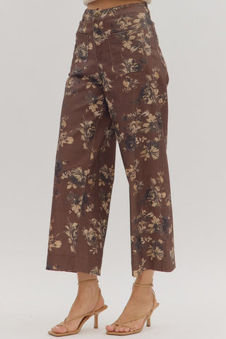 Chocolate Denim Floral Pattern Mid-Rise Ankle Pants