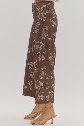 Chocolate Denim Floral Pattern Mid-Rise Ankle Pants