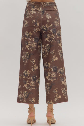 Chocolate Denim Floral Pattern Mid-Rise Ankle Pants