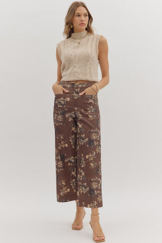 Chocolate Denim Floral Pattern Mid-Rise Ankle Pants