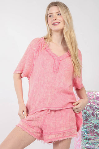 Washed Cotton Crinkle Gauze Top & Shorts Set in Pink