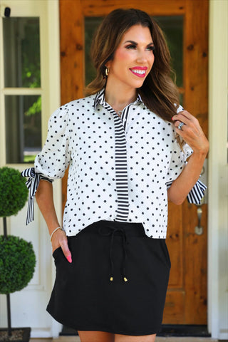Cassidy Tie Sleeve Top- White Polka Dot/Stripes