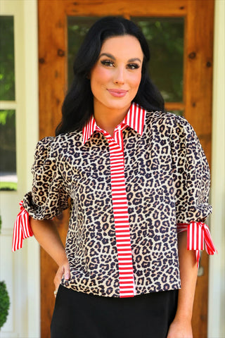 Cassidy Tie Sleeve Top- Leopard/Red Stripes
