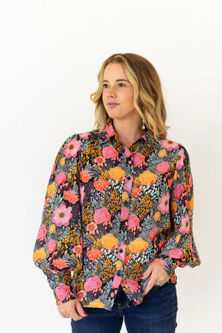 colorful floral collared button up blouse