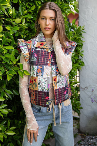 Ruffle Shoulder Patchwork Puffer Vest