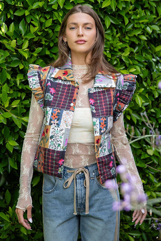 Ruffle Shoulder Patchwork Puffer Vest