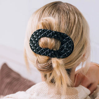 TELETIES Jet Black Quilted Large Flat Round Hair Clip