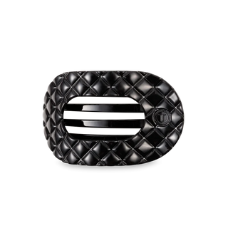 TELETIES Jet Black Quilted Medium Flat Round Hair Clip is a black quilted hair clip