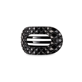 TELETIES Jet Black Quilted Small Flat Round Hair Clip is a black quilted hair clip