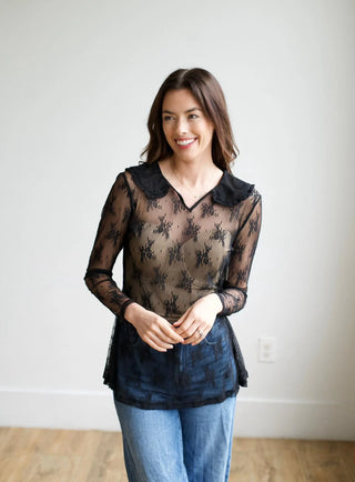 Collared Lace Mesh Long Sleeve Top - 2 Colors!
