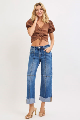 Risen Slouchy Crop Wide Leg Seam Detailed Jeans