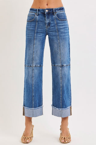 Risen Slouchy Crop Wide Leg Seam Detailed Jeans