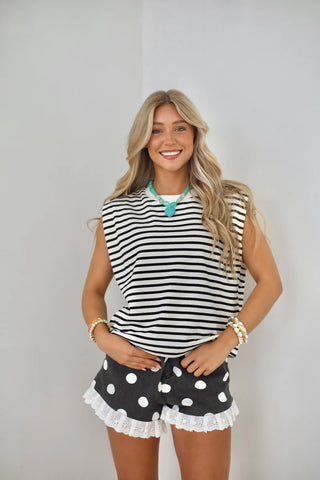 Black Dot Party Denim Shorts w/ Ruffle Hem