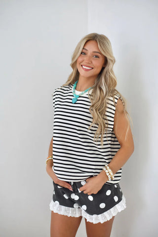 Black Dot Party Denim Shorts w/ Ruffle Hem