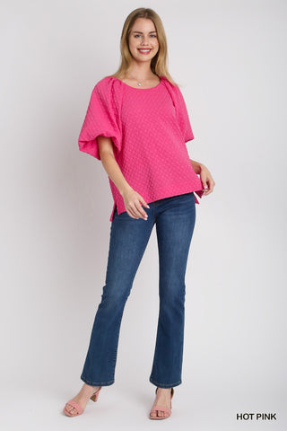 Hot Pink Textured 3/4 Raglan Puff Sleeve Top