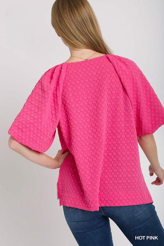 Hot Pink Textured 3/4 Raglan Puff Sleeve Top
