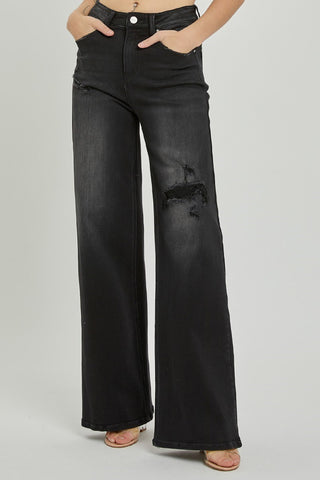 High Rise Distressed Detail Wide Leg Black Denim Jeans by Risen