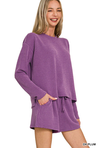 Ribbed Long Sleeve Top/Shorts Sets - Multiple Colors!