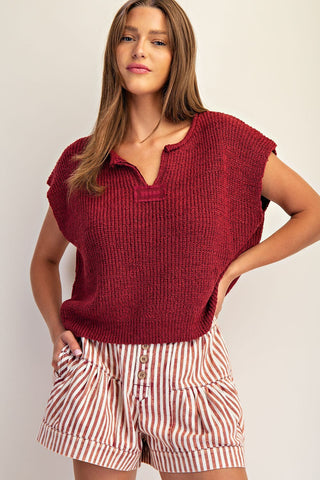 Solid Cap Sleeve Notched Neck Knit Sweater in Wine