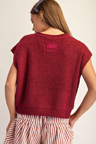 Solid Cap Sleeve Notched Neck Knit Sweater in Wine