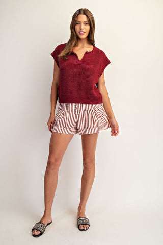 Solid Cap Sleeve Notched Neck Knit Sweater in Wine