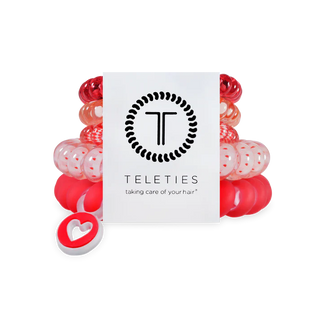 Teleties Soul Mate Mix Pack Hair Ties are a pack of red and clear hair ties with a Teleties branded card on a white background