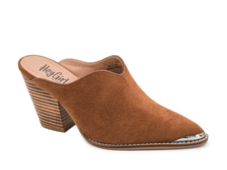 Corkys Hey Girl Tell It To The Judge Heeled Mule Shoe - Tobacco Faux Suede