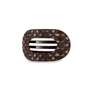 TELETIES Truly Taupe Quilted Small Flat Round Hair Clip is a brown quilted hair clip