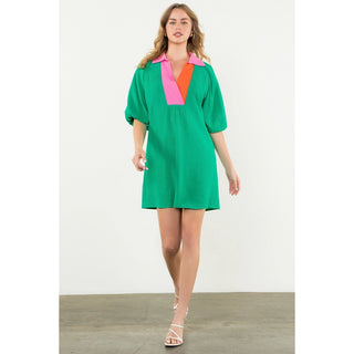 Color-Block Puff Sleeve V-Neck Dress Grace & Grit Boutique Color-Block Puff Sleeve V-Neck Dress Grace & Grit Boutique