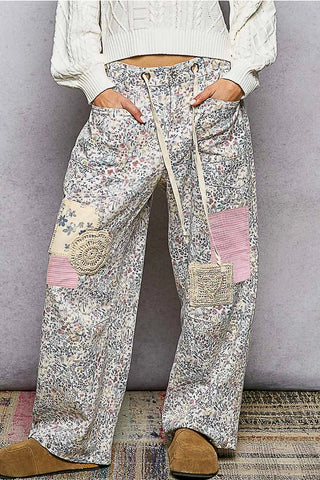 Twill Floral Denim Patchwork Pants by POL Clothing
