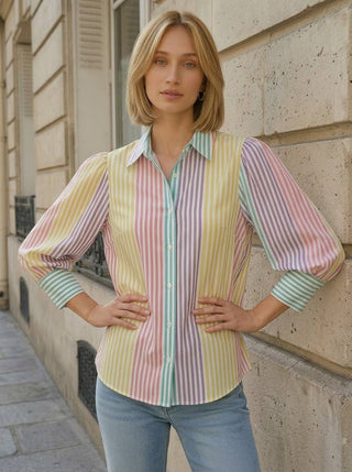Multi-Striped Collared Puff Sleeve Button Up Top