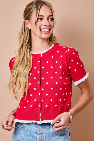 Polka-Dot Button Down Cardigan Top w/ Lettuce Hem