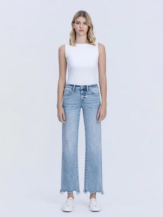 Mid Rise Uneven Raw Hem Slim Wide Jeans by Vervet