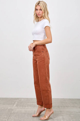 High Rise Straight Leg Jeans w/ Cuff Detail - Pumpkin